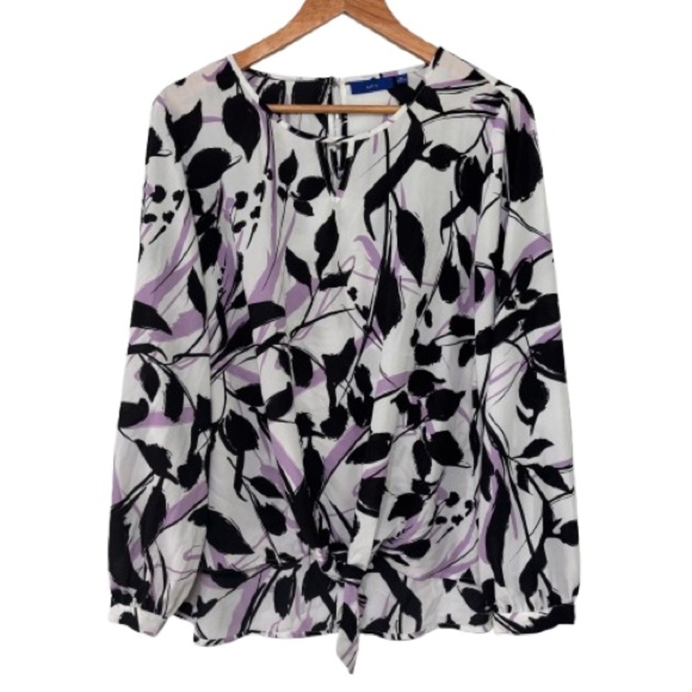 APT. 9 Black White Purple Floral Print Tie Front Long Sleeve Blouse Size XL